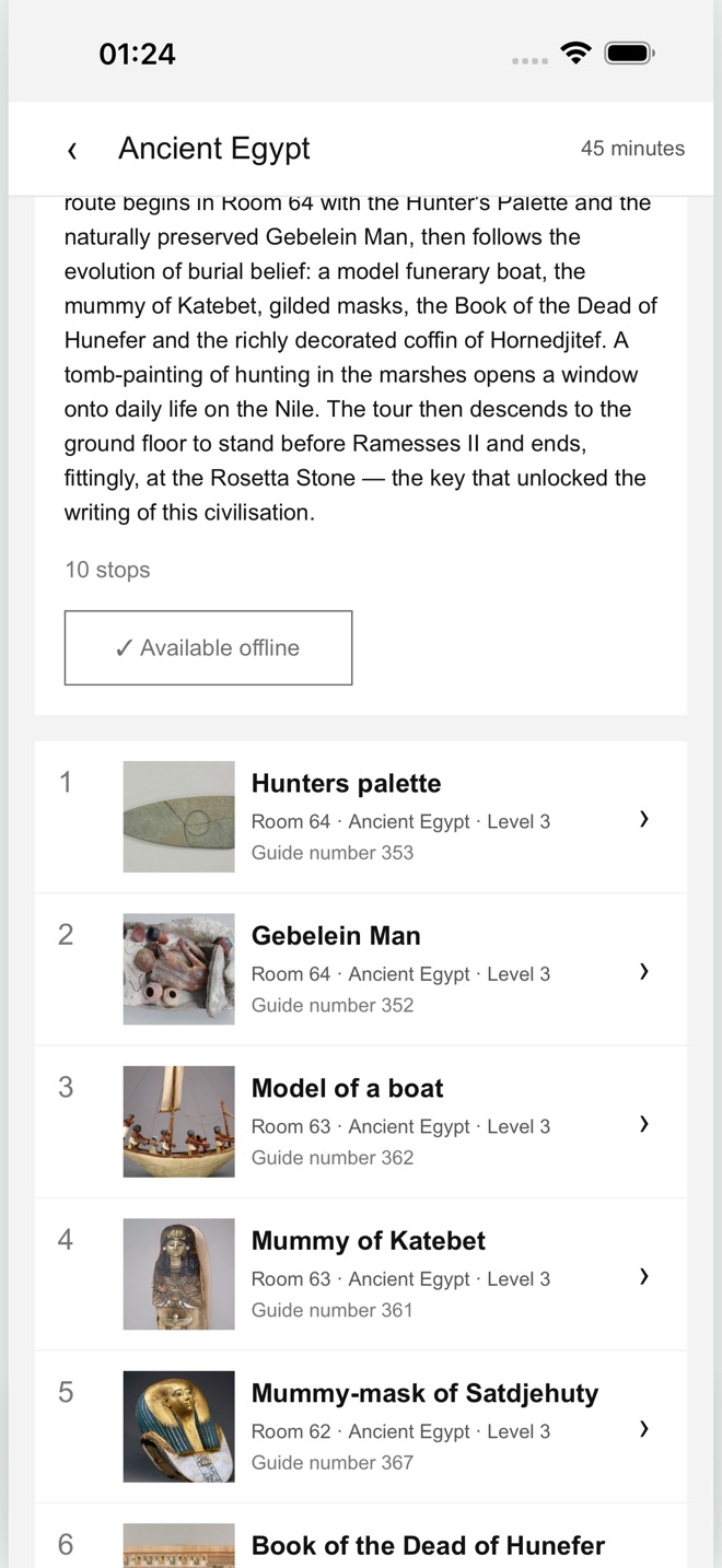 Tour page in the app showing the Available offline badge and its stop list.